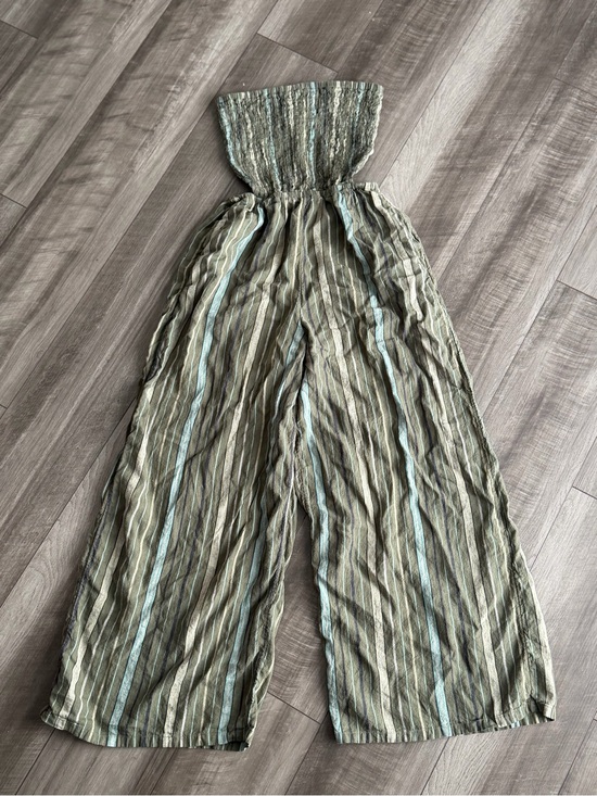 Aerie Green Strapless Linen-Blend Smocked Wide-Leg Striped Jumpsuit Women’s Sz M